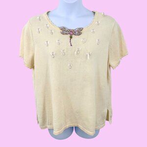 STORYBOOK KNITS IVORY SHORT SLV DRAGONFLY BEADED SHORT SLEEVE SWEATER - 2X